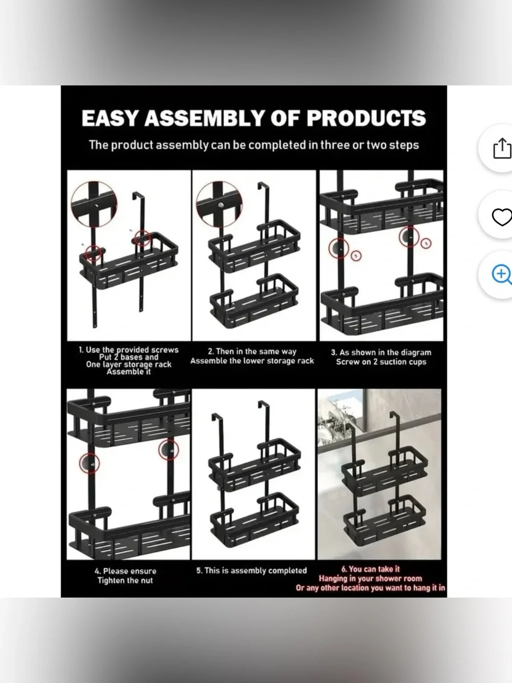 Over Door Shower Caddy, Black Rustproof Bathroom Organizer, 2-Tier Storage Rack